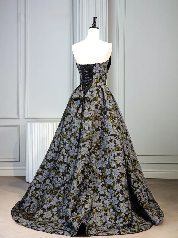 Vintage / Retro Black Floral Prom Dresses 2025 A-Line / Princess Strapless Sleeveless Backless Sweep Train Formal Dresses