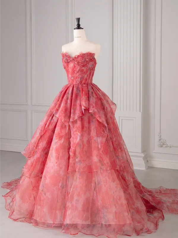 Flower Fairy Candy Pink Floral Appliques Prom Dresses 2025 Ball Gown Strapless Sleeveless Backless Sweep Train Formal Dresses