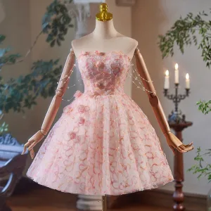 Flower Fairy Blushing Pink Appliques Short Homecoming Graduation Dresses 2025 Strapless Sleeveless Backless Tulle
