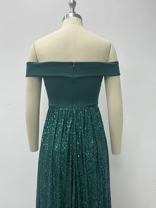 Bling Bling Dark Green Sequins Evening Dresses 2024 A-Line / Princess Off-The-Shoulder Sleeveless Backless Floor-Length / Long Evening Party Formal Dresses