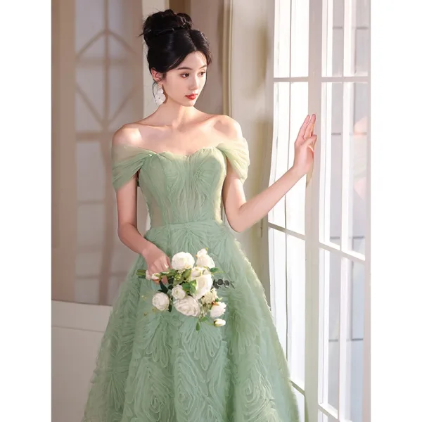 Chic / Beautiful Sage Green Prom Dresses 2024 A-Line / Princess Off-The- Shoulder Short Sleeve Backless