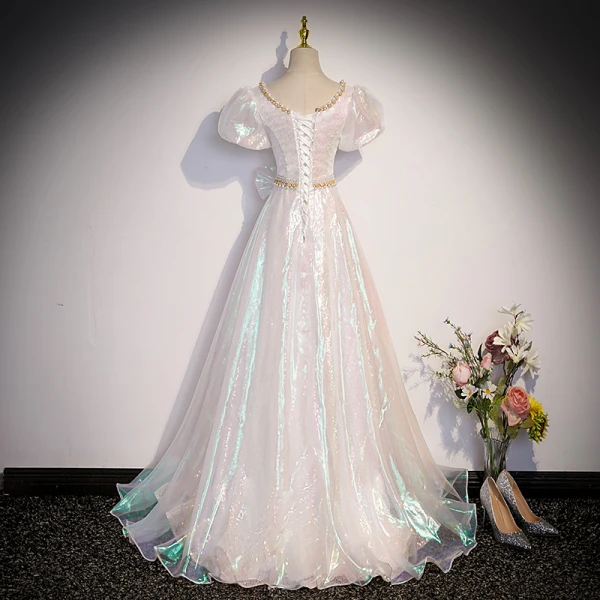 Fashion White Beading Pearl Sequins Prom Dresses 2023 A-Line / Princess V-Neck Puffy Short Sleeve Bow Backless Floor-Length / Long Prom Formal Dresses