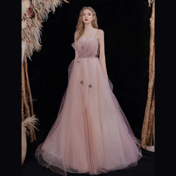 Simple Rougissant Rose Perlage Paillettes Robe De Bal 2022 Princesse Bretelles Spaghetti Sans Manches Dos Nu Longue Robe De Ceremonie