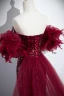 Scintillantes Bordeaux Paillettes Fendue devant Robe De Bal 2024 Trompette / Sirène De l'épaule Gonflée Manches Courtes Dos Nu Train De Balayage Soirée Robe De Ceremonie