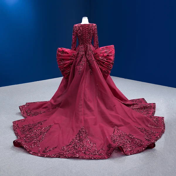 Vintage / Retro High-end Burgundy Sequins Evening Dresses 2022 Trumpet / Mermaid Scoop Neck Long Sleeve Bow Royal Train Prom Formal Dresses