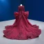 Vintage / Retro High-end Burgundy Sequins Evening Dresses 2022 Trumpet / Mermaid Scoop Neck Long Sleeve Bow Royal Train Prom Formal Dresses