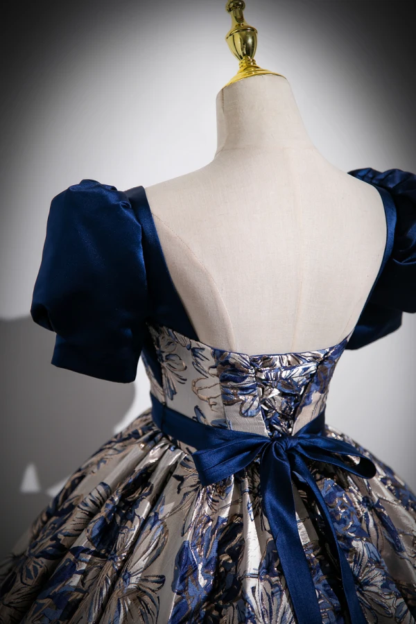 Vintage / Retro Ocean Blue Printing Prom Dresses 2023 Ball Gown Square Neckline Puffy Short Sleeve Backless Bow Sash Floor-Length / Long Prom Formal Dresses