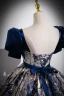 Vintage / Retro Ocean Blue Printing Prom Dresses 2023 Ball Gown Square Neckline Puffy Short Sleeve Backless Bow Sash Floor-Length / Long Prom Formal Dresses