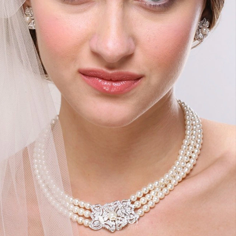 Modest / Simple Ivory Pearl Necklace 2020 Metal Wedding Bridal Jewelry  Accessories