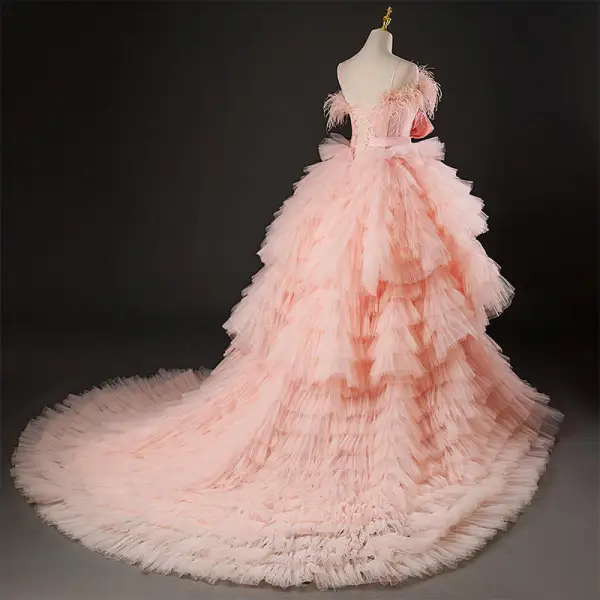 Charmant Pink Fallende Rüsche Durchbohrt Ballkleider 2022 Ballkleid Spaghettiträger Quaste Ärmellos Rückenfreies Schleife Stoffgürtel Hof-Schleppe Ball Festliche Kleider