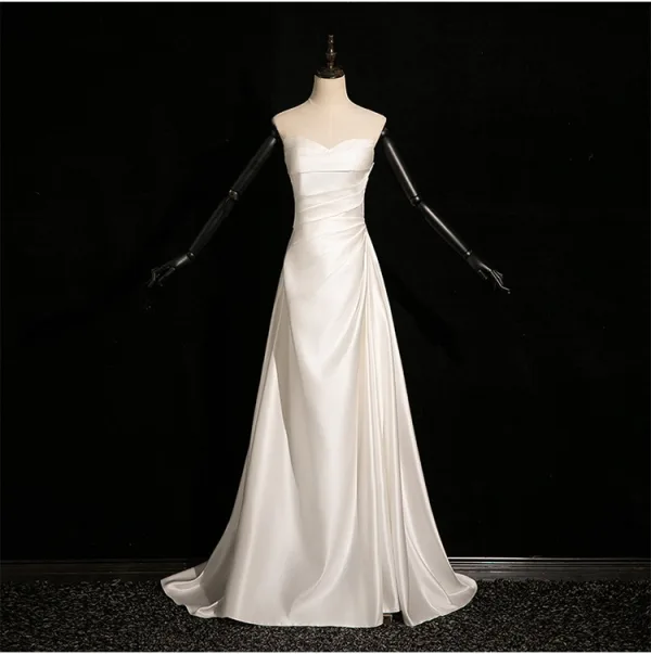 Fashion White Satin Tassel Wedding Dresses 2024 Trumpet / Mermaid Strapless Short Sleeve Backless Sweep Train Wedding