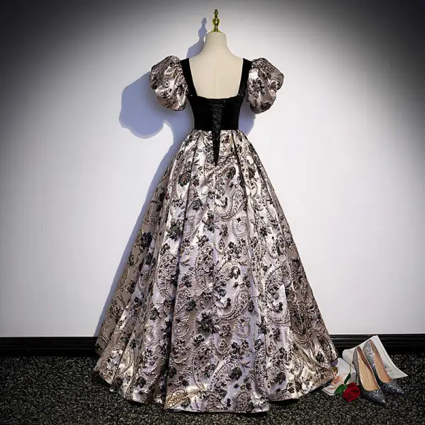 Vintage / Retro Black Printing Prom Dresses 2022 A-Line / Princess Square Neckline Puffy Short Sleeve Backless Floor-Length / Long Prom Formal Dresses