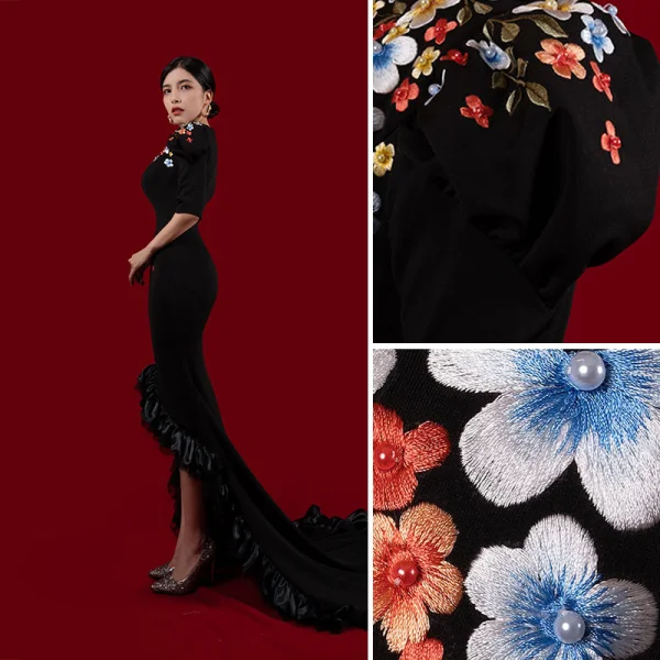 Haut de Gamme Noire Fait main Perle Brodé Robe De Soirée 2023 Trompette / Sirène V-Cou Manches Courtes Soirée Asymétrique Robe De Ceremonie