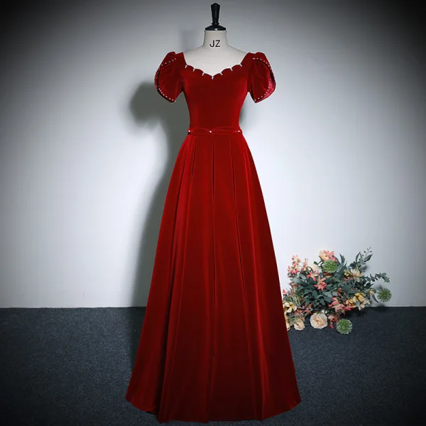 Elegant Burgundy Velvet Prom Dresses 2023 A-Line / Princess Square Neckline Short Sleeve Backless Floor-Length / Long Prom Formal Dresses