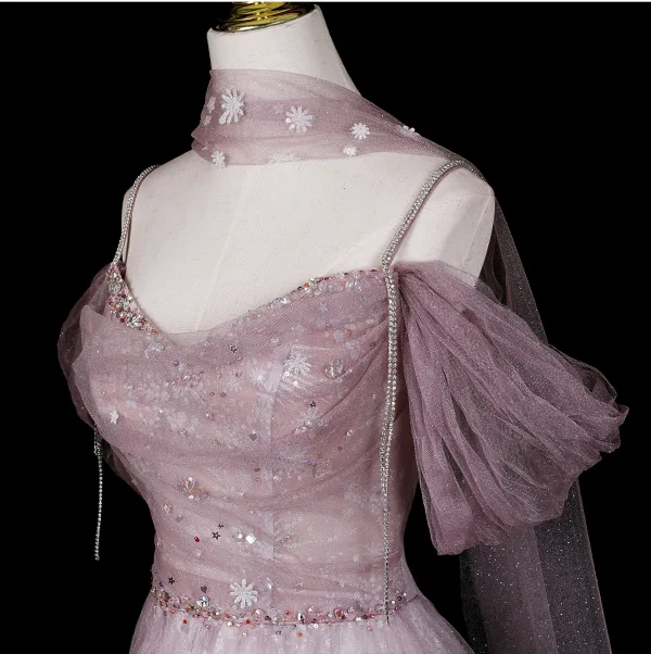Charming Blushing Pink Beading Rhinestone Sequins Prom Dresses 2026 A-Line / Princess Off-The-Shoulder Short Sleeve Backless Floor-Length / Long Formal Dresses
