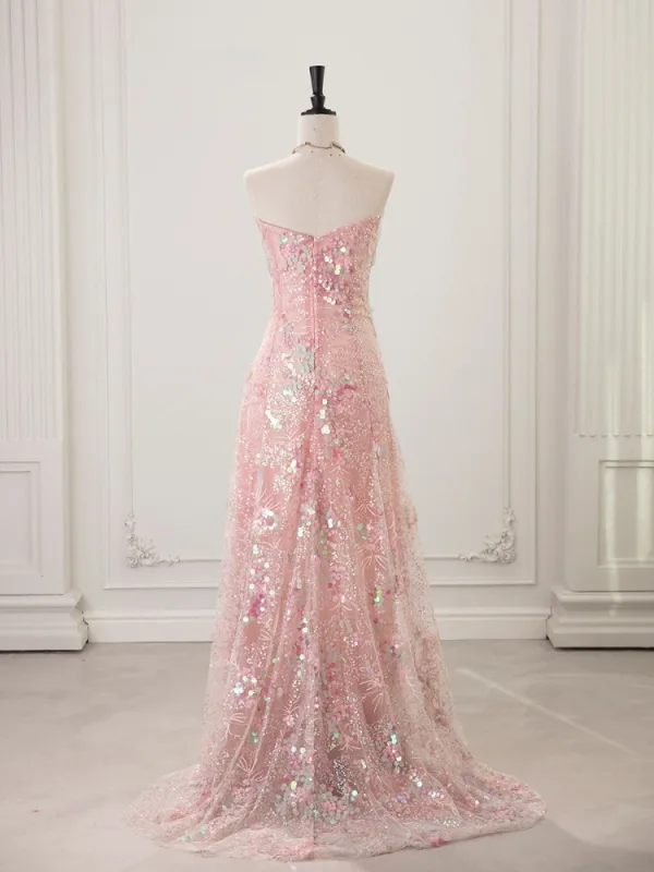 Scintillantes Rougissant Rose Paillettes Noeud Robe De Bal 2025 Trompette / Sirène Bustier Sans Manches Dos Nu Train De Balayage Robe De Ceremonie