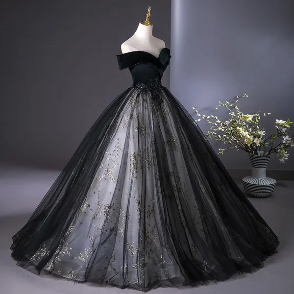Vintage / Retro Black Beading Sequins Lace Flower Prom Dresses 2025 Ball Gown Off-The-Shoulder Short Sleeve Backless Floor-Length / Long Prom Formal Dresses