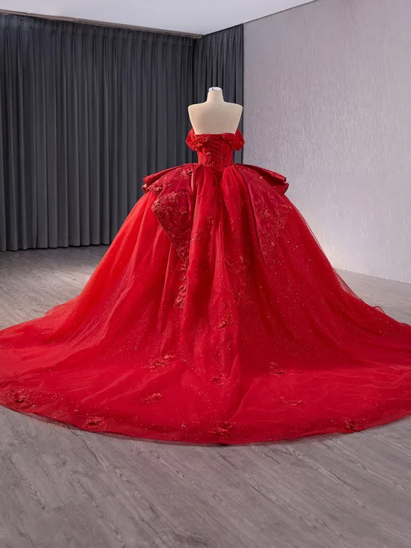 High-end Red Sequins Lace Flower Appliques Chapel Train Wedding Dresses 2024 Ball Gown Strapless Sleeveless Backless Wedding