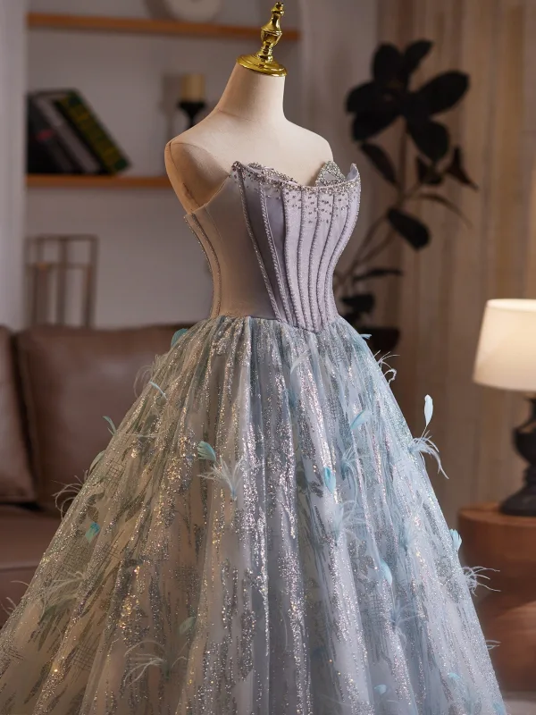 High-end Corset Silver Grey Prom Dresses 2025 Beading Feather Sweet 16 Dancing Formal Dresses Off-The-Shoulder Floor-Length / Long Sleeveless
