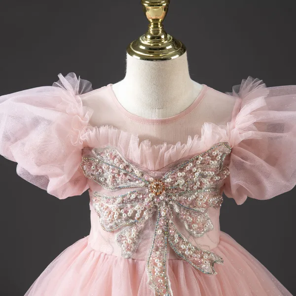 Chic / Beautiful Blushing Pink Beading Pearl Rhinestone Prom Flower Girl Dresses 2022 Ball Gown Ruffle Scoop Neck Puffy Short Sleeve Floor-Length / Long Flower Girl Dresses
