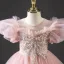 Chic / Beautiful Blushing Pink Beading Pearl Rhinestone Prom Flower Girl Dresses 2022 Ball Gown Ruffle Scoop Neck Puffy Short Sleeve Floor-Length / Long Flower Girl Dresses