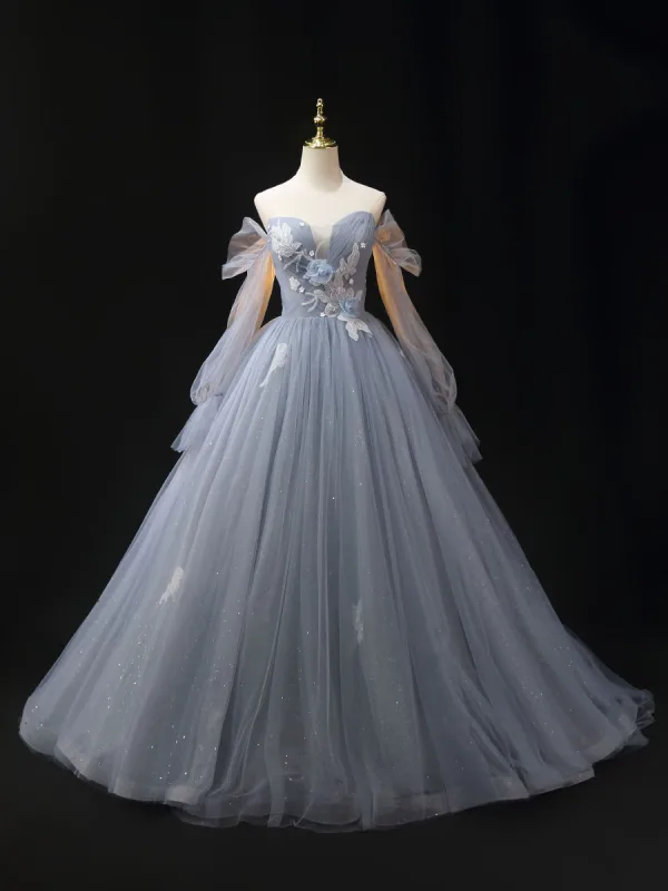 Fashion Sky Blue Lace Flower Prom Dresses 2024 Ball Gown Off-The-Shoulder Long Sleeve Backless Floor-Length / Long Formal Dresses