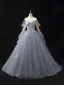 Fashion Sky Blue Lace Flower Prom Dresses 2024 Ball Gown Off-The-Shoulder Long Sleeve Backless Floor-Length / Long Formal Dresses