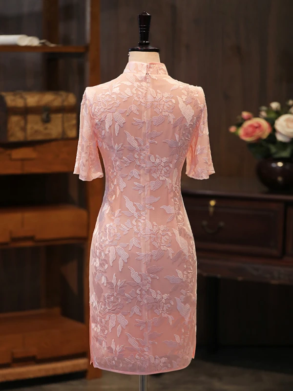 Chic / Beautiful Blushing Pink Lace Flower Silk Evening Party Cheongsam 2024 Trumpet / Mermaid High Neck Short Sleeve Tea-length