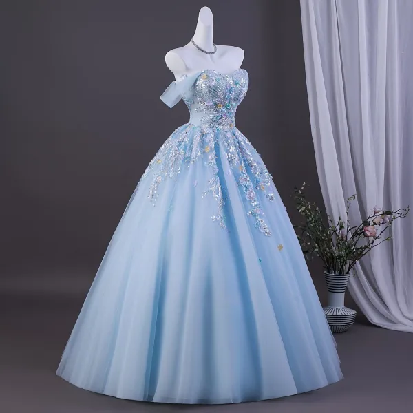 Voluminös Himmelblau Perlenstickerei Pailletten Applikationen Ballkleider 2026 Ballkleid Off Shoulder Kurze Ärmel Rückenfreies