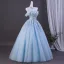 Voluminös Himmelblau Perlenstickerei Pailletten Applikationen Ballkleider 2026 Ballkleid Off Shoulder Kurze Ärmel Rückenfreies