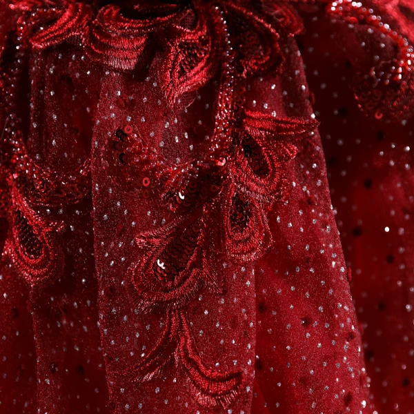 Bling Bling Burgundy Sequins Lace Flower Prom Dresses 2023 Square Neckline Puffy Short Sleeve Backless Floor-Length / Long Prom Formal Dresses