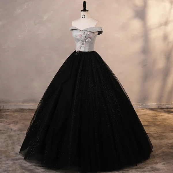 Elegant Black Glitter Prom Dresses 2023 Ball Gown Off-The-Shoulder Sleeveless Backless Floor-Length / Long Prom Formal Dresses