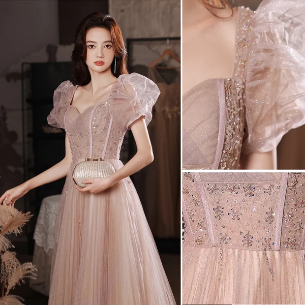 Charmant Rougissant Rose Robe De Bal 2022 Princesse Encolure Carrée Gonflée Manches Courtes Perlage Paillettes Dos Nu Longue Promo Robe De Ceremonie