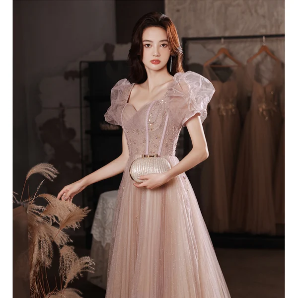Charmant Rougissant Rose Robe De Bal 2022 Princesse Encolure Carrée Gonflée Manches Courtes Perlage Paillettes Dos Nu Longue Promo Robe De Ceremonie