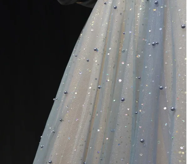 Chic / Beautiful Sky Blue Beading Pearl Sequins Prom Dresses 2025 A-Line / Princess Off-The-Shoulder Short Sleeve Backless Floor-Length / Long Prom Formal Dresses