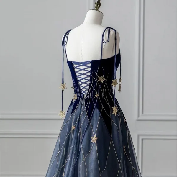 Fashion Navy Blue Star Beading Prom Dresses 2025 A-Line / Princess Spaghetti Straps Sleeveless Backless Floor-Length / Long Prom Formal Dresses