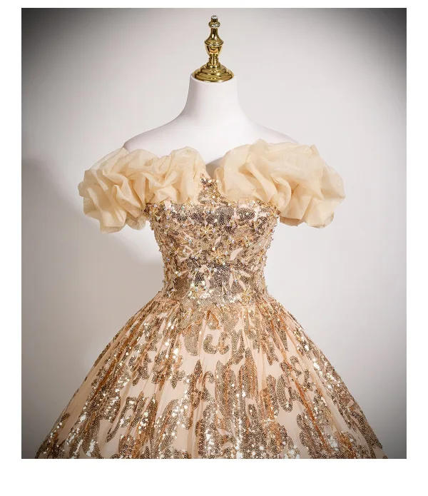 Sparkly Champagne Sequins Prom Dresses 2025 Ball Gown Ruffle Off-The-Shoulder Short Sleeve Backless Floor-Length / Long Formal Dresses