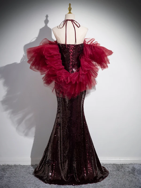 Charmant Bordeaux Paillettes Robe De Bal 2024 Trompette / Sirène Titulaire Dos Nu Noeud Manches Courtes Longue Promo Robe De Ceremonie
