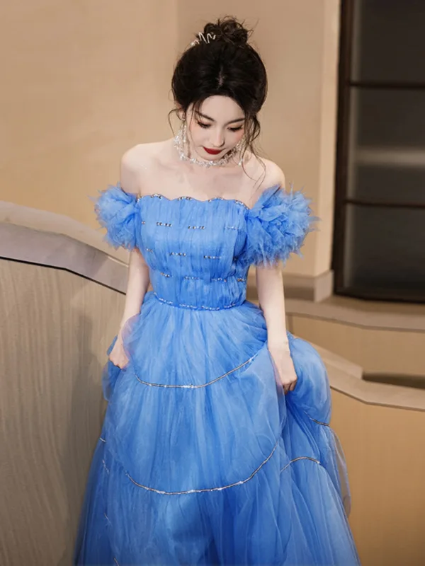 Glamorous Ocean Blue Prom Dresses 2025 Ball Gown Off-The-Shoulder Ruffle Short Sleeve Glamorous Ocean Blue Prom Dresses 2025 Ball Gown Off-The-Shoulder Ruffle Short Sleeve