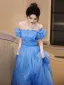 Glamorous Ocean Blue Prom Dresses 2025 Ball Gown Off-The-Shoulder Ruffle Short Sleeve Backless Floor-Length / Long Prom Formal Dresses