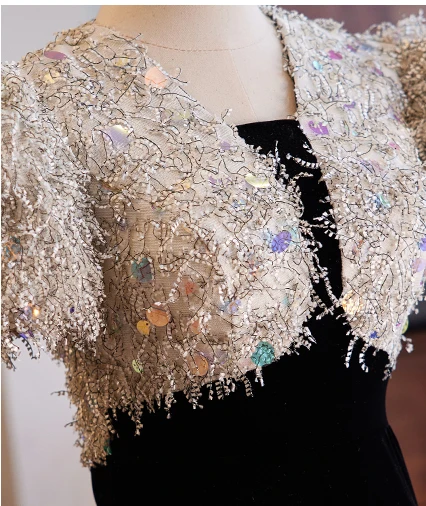 Charming Black Tassel Sequins Evening Dresses 2024 Trumpet / Mermaid V-Neck Short Sleeve Backless Floor-Length / Long Evening Party Formal Dresses