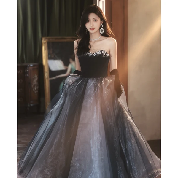 Chic / Beautiful Black Rhinestone Prom Dresses 2024 Ball Gown Strapless Sleeveless Backless Floor-Length / Long Prom Formal Dresses