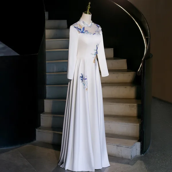 Vintage / Retro Ethnic White Beading Pearl Lace Flower Prom Dresses 2026 A-Line / Princess High Neck Long Sleeve Floor-Length / Long Formal Dresses