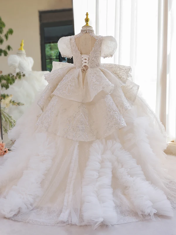 Luxury / Gorgeous White Beading Pearl Rhinestone Sequins Birthday Flower Girl Dresses 2023 Cascading Ruffles Ball Gown High Neck Puffy Short Sleeve Backless Floor-Length / Long