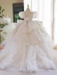 Luxury / Gorgeous White Beading Pearl Rhinestone Sequins Birthday Flower Girl Dresses 2023 Cascading Ruffles Ball Gown High Neck Puffy Short Sleeve Backless Floor-Length / Long