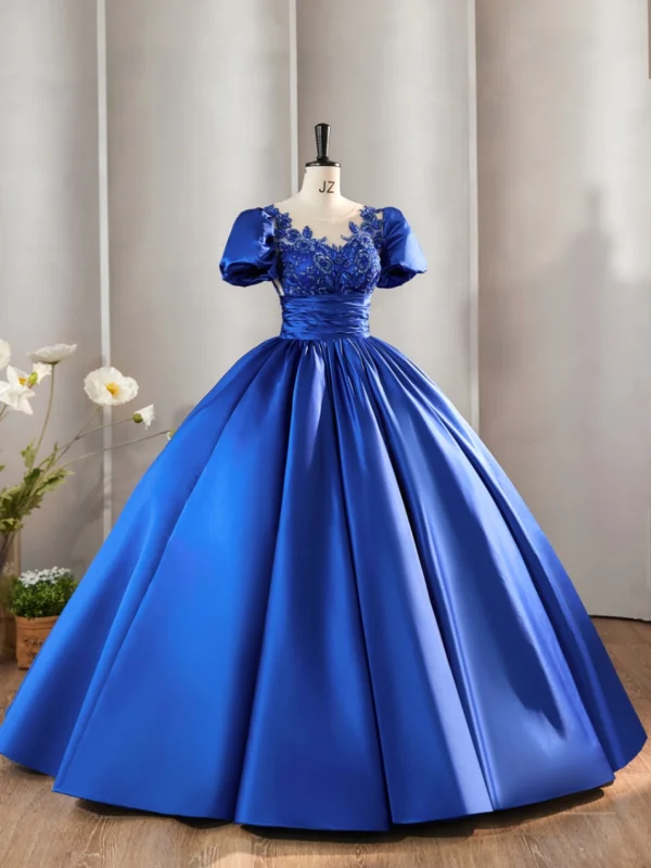 Vintage / Retro Royal Blue Prom Dresses 2024 Beading Sequins Lace Flower Satin Ball Gown Scoop Neck Short Sleeve Bow Formal Dresses