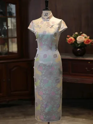 Vintage Originale Argenté Impression Fendue Devant Thé Longueur Cheongsam 2026 Trompette Sirène Col Haut Mancherons