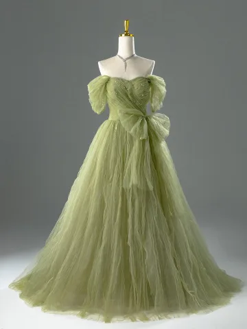 Chic Beautiful Sage Green Beading Bow Prom Dresses 2026 A Line Princess Off The Shoulder Short Sleeve Backless Sweep Train Formal Dresses