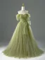 Chic / Beautiful Sage Green Beading Bow Prom Dresses 2026 A-Line / Princess Off-The-Shoulder Short Sleeve Backless Sweep Train Formal Dresses