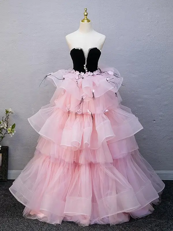 Lovely Blushing Pink Appliques Pearl Rhinestone Cascading Ruffles Prom Dresses 2025 Ball Gown Strapless Sleeveless Backless Floor-Length / Long Prom Formal Dresses